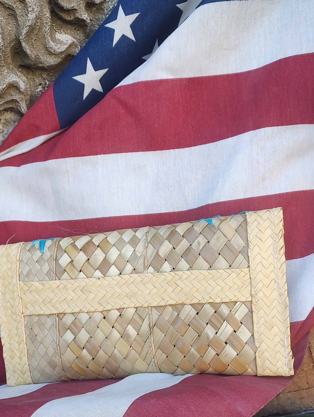Nassau Bag/Woven Straw Clutch with Turquoise Embroidery - Picture 5 of 7